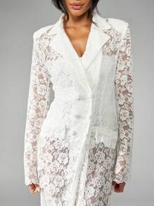 MISSGUIDED Robe de soirée de luxe à longueur de plancher, style blazer, avec manches longues, boutonnage devant, fente latérale, en dentelle maxi pour réception de mariage