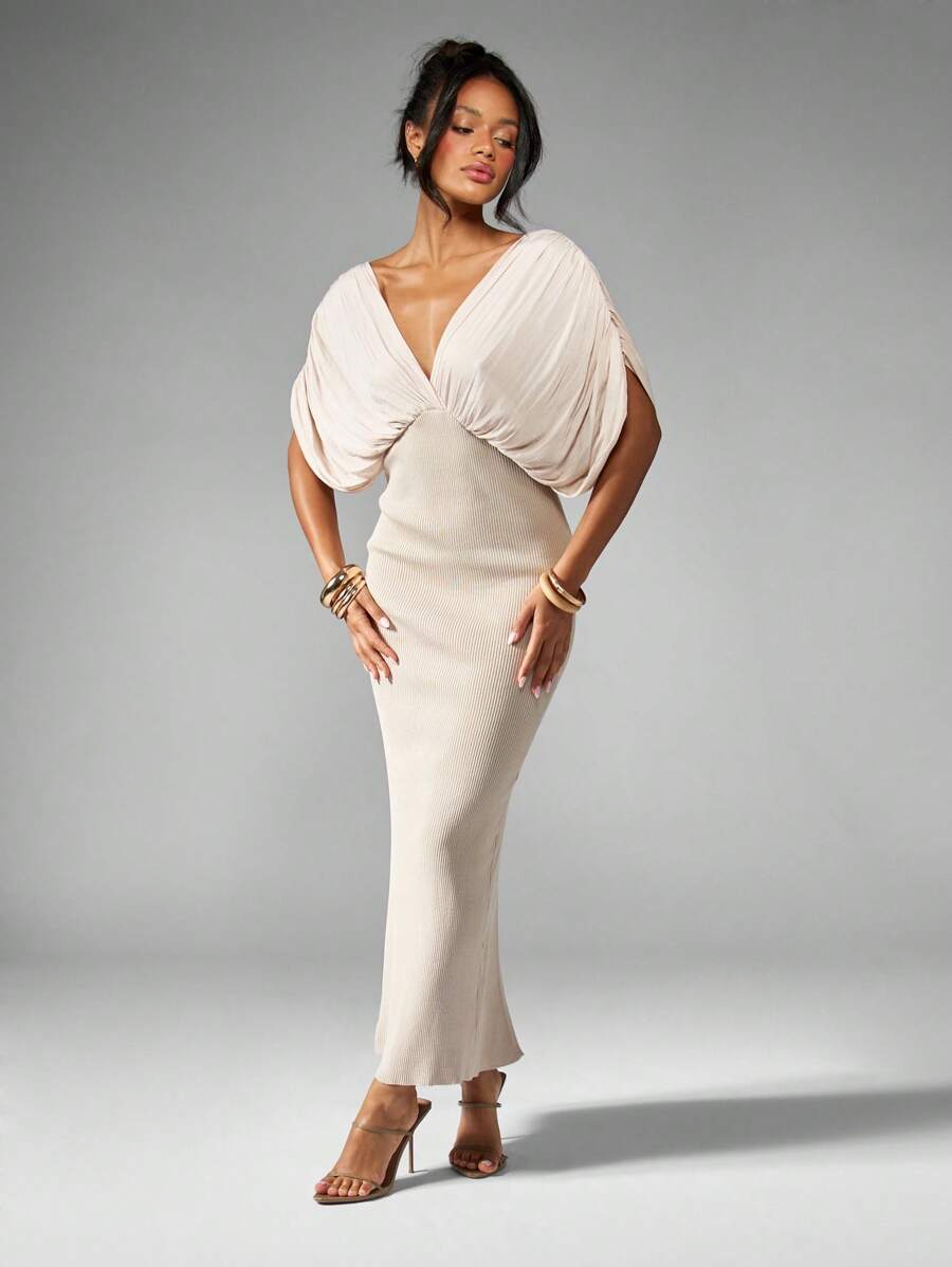 MISSGUIDED 深V领罗纹针织长款连衣裙，配垂褶蝙蝠袖，适合派对、婚礼宾客、秋冬正式晚宴穿着 - 杏色 - 查看 1