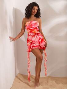 Opulessa 女式针织网眼印花荷叶边修身迷你连衣裙