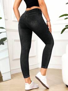 SHEIN PETITE Women's Plain Simple Casual Denim Jeans