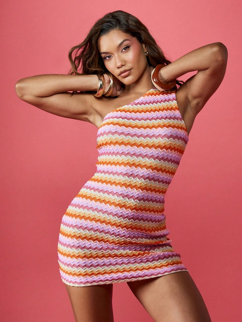 MISSGUIDED One Shoulder Crochet Mini Dress Zigzag Pattern Summer Bodycon Knit Party Festival Boho Beachwear Resort Sun Vacation,L
