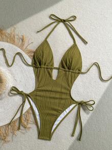 Soleia 橄榄绿色提花纹理V领露背吊带沙滩连体泳衣女士泳衣