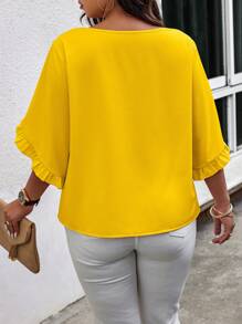 Calvaya Blusa de talla grande de verano casual con diseño de volantes en unicolor, Día de San Valentín - Amarillo - Ver 2