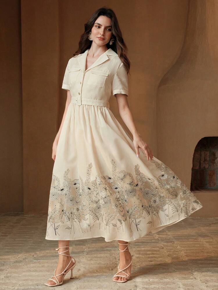 Modern Elegant Dress With Digital Floral Hem, Midi Length, Suitable For Summer, Festival, Elegant, Holiday, Vacation, Party, Wedding Guest, Business Casual For Women