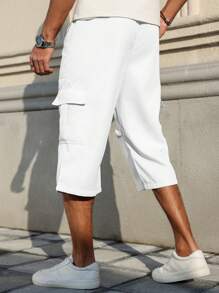 Manfinity Homme Men's Solid Color Drawstring Waist Casual Loose Cargo Capri Pants, Summer - White - View 2