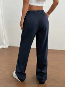 Flirla Petite Quần ống đứng xếp ly đơn sắc rộng rãi có túi cho nữ - Màu xanh hải quân - Xem 2