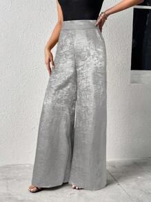 SHEIN LUNE Quần nữ màu vàng ánh kim xẻ tà bên hông, kiểu dáng thường ngày, thích hợp cho công sở. - Bạc - Xem 4