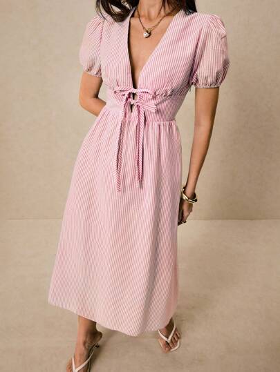 Poéselle 女式束带条纹泡泡袖深V领连衣裙