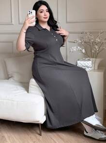 Dazy Plus Solid Color Polo Collar Slim Fit Short Sleeve Casual Long Dress For Summer