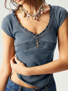 Bohemela Casual Solid Color V-Neck Short Sleeve Slim Fit Women T-Shirt Ribbed Top Knit Top Navy Ribbed Top Navy Knit Top Summer Top - Blue - View 8