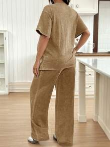 SHEIN Maternity Casual Round Neck Short Sleeve Top And Straight Leg Pants Set, Distressed Washed Relaxed Fit - Khaki - View 2