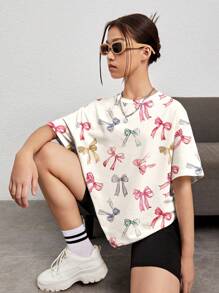 SHEIN Leap Crew Teen Girls' Casual Loose Fit Butterfly Print Knit T-Shirt, Suitable For Summer - Multicolor - View 4