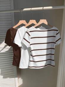 Comfortcana 3 piezas de camisetas básicas de cuello redondo de manga corta y cortas en marrón café y blanco para mujer