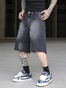 Manfinity EMRG 男士休闲水洗做旧牛仔短裤、朋克短裤、哥特风男士短裤、男士街头风短裤 - 黑色 - 查看 6