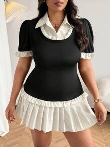 Flirla Plus Size Summer Elegant Contrast Color Pleated Hem Midi Dress - Black and White - View 3