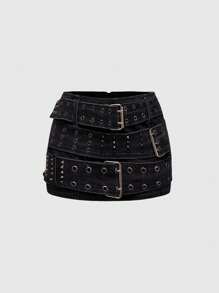 ROMWE Grunge Punk Spring/Summer Casual Black Y2K Vintage Punk Heavy Metal Rivet Grommets Decor Women Denim Mini Skirt - Dark Grey - View 1