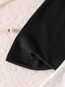 SHEIN 2件套年轻女孩撞色蝴蝶结装饰休闲吊带背心和上衣套装 - 黑與白 - 查看 6