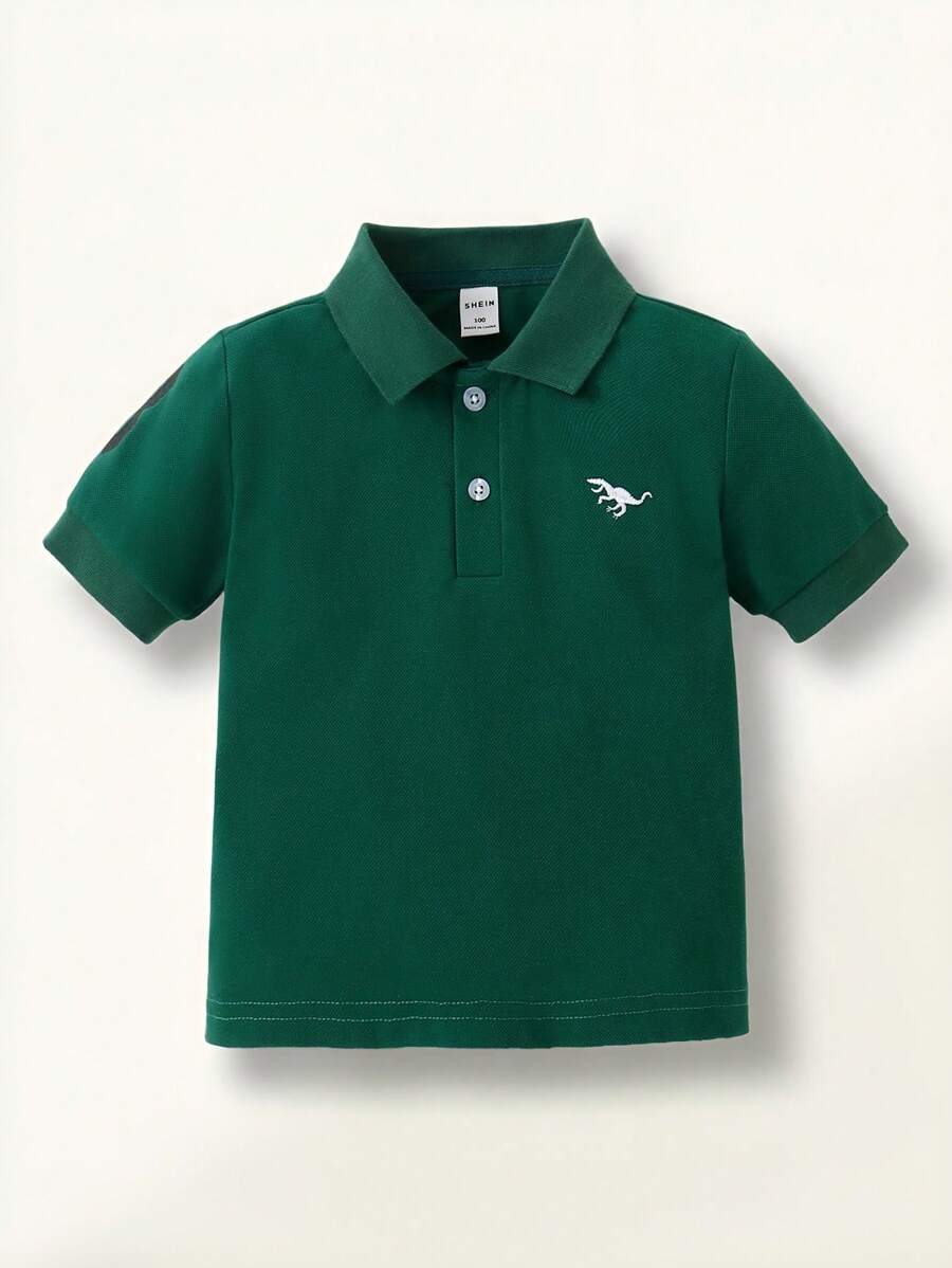 SHEIN Explorewe Camisa polo de manga corta casual y cómoda con bordado de dinosaurio para niño pequeño, adecuada para uso diario en primavera/verano, escuela, viajes, fiestas, de moda - Verde Oscuro - Ver 1