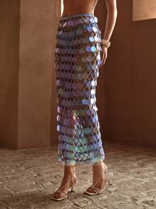 MOTF PREMIUM SHEER CONTRAST SEQUIN COVER UP SKIRT FOR SUMMER BEACH VACATION - Blue - View 4