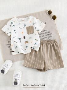 Cozy Pixies 2pcs/Set Baby Boy Cartoon Animal Graphic Soft Knit Turndown Collar Short Sleeve Top And Elastic Waist Shorts