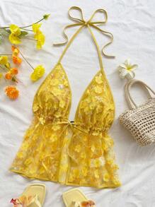 Soleia Áo hai dây hở lưng thêu họa tiết du lịch dành cho nữ, thích hợp cho các dịp lễ, hẹn hò, trà chiều, lễ hội âm nhạc, bãi biển, mùa hè, phong cách Boho, móc len, vải lanh - Màu vàng - Xem 5
