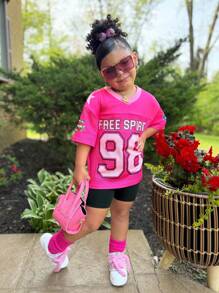 Young Girl Woven Stitching Numeric & Letter Graphic Loose Casual T-Shirt, Sports Jersey - Pink - View 5