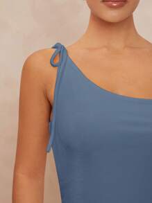 Lumalex 1pc Asymmetrical Cut-Out Shoulder Ruched Metal Decor Drawstring Strap Mini Dress For Women - Dusty Blue - View 7