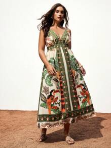 Maija Große Größen Damen Urlaubskleid mit Pflanzen Muster, sexy tiefer V-Ausschnitt mit Spaghettiträgern