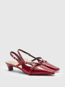 CUCCOO BIZCHIC 女士酒红色尖头粗跟踝带凉鞋，优雅时尚百搭夏季新款 - 酒紅色 - 查看 9