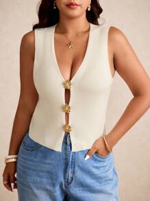 Elaquor Chaleco de punto de unicolor talla grande, de moda para el verano en otoño/invierno - Blanco - Ver 1