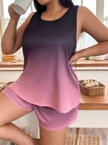 SHEIN Conjunto de pijama de top de tirantes y pantalones cortos de color degradado, ropa informal para tallas grandes - Multicolor - Ver 6