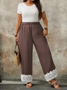 EMERY ROSE Pantalones sueltos y elegantes de talla grande con parches de unicolor y ribete de encaje, para uso casual y de negocios en primavera/verano, para mujeres - Multicolor - Ver 4
