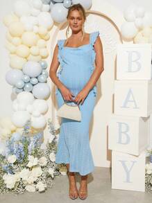 Loomaby Maternity Solid Color Ruffled Square Neck Elegant Long Dress,Gender Reveal Dress,Baby Shower Dress,Maternity Dress,Blue Maternity Dress