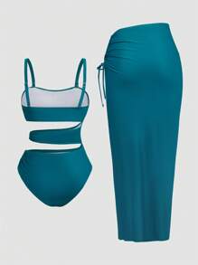 Swim Oasis Plus Size 2pcs Women's Elegant Metal Decor Swimsuit & Beach Cover Up Maxi Skirt Set, Suitable For Spring/Summer Beach - Teal Blue - View 2