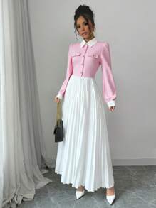 Elenzga Patchwork Button & Pleated Decor Women Dress Fall Cloth For Women