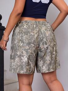 SHEIN ICON Quần short denim midi in họa tiết cổ điển thời trang dành cho nữ cỡ lớn - màu nâu - Xem 2
