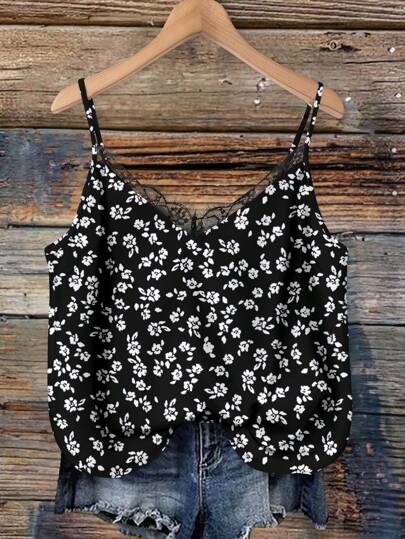 SHEIN VCAY Floral Print Plus Size Women Contrast Lace Camisole Tank Top, Suitable For Vacation