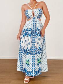 Flirla Bohemian Print Hollow Out Spaghetti Strap Long Summer Vacation Beach Dress