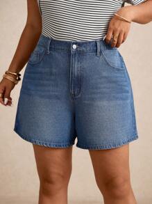 Elaquor Plus Size Summer Casual Washed Denim Shorts - Medium Wash - View 4