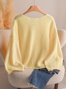 CosyJoli Plus Size Casual Romantic Simple Versatile College Style Bowknot Loose Casual Yellow Knitted Cardigan, Autumn/Winter Fall