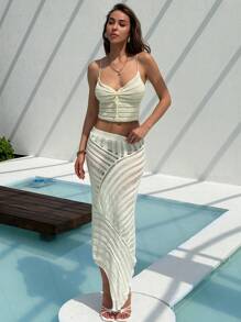 Aloruh 女式纯色松紧腰镂空设计修身半身裙 - 白色 - 查看 3