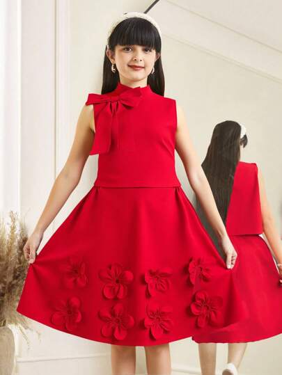 SHEIN 青少年女孩休闲简约舒适圆领无袖花朵蝴蝶结装饰上衣和裙子两件套