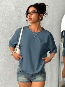 INAWLY Camiseta Holgada Con Cuello Redondo Y Hombros Caídos De Color Sólido