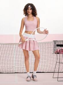 SHEIN MOD Pink Back To School Cute Sports 2 Pieces Set - Tank Top & Pleated Skirt - Pink - View 3