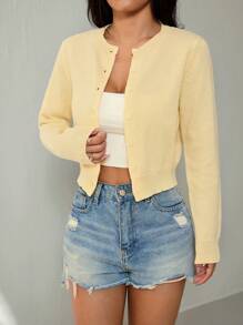 SHEIN PETITE 女士纯色单排扣休闲短款开衫，奶油黄色秋冬上衣 - 黃色 - 查看 3