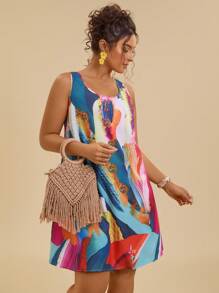 Travachic Plus Size Women Fashionable Colorful Printed Sleeveless Dress - Multicolor - View 5