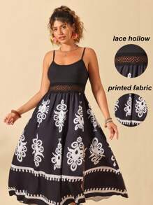 Breezaya Vestido casual de vacaciones para mujer de talla grande, con cuello en V sin mangas, estampado retro, combinación de materiales, remiendo, cintura, encaje floral, calado y abertura en el bajo, diseño ajustado. Nueva llegada del verano de 2025.