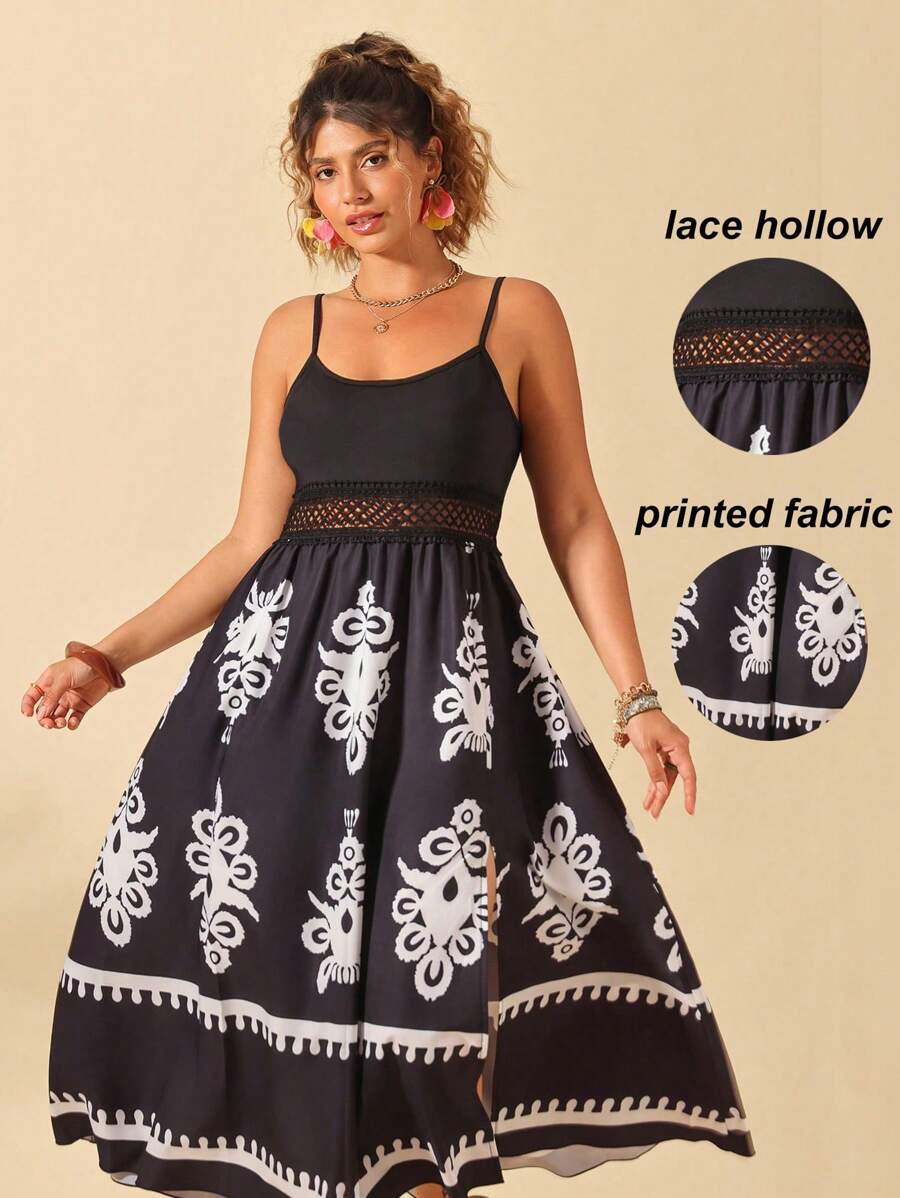 Breezaya Vestido casual de vacaciones para mujer de talla grande, con cuello en V sin mangas, estampado retro, combinación de materiales, remiendo, cintura, encaje floral, calado y abertura en el bajo, diseño ajustado. Nueva llegada del verano de 2025.