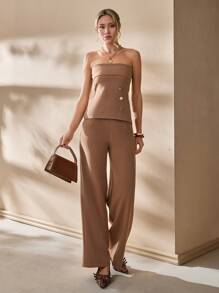 CLARA VERO Women's Solid Gold Button Detailed Suit Set - Mocha Brown - View 7