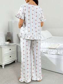 Moonlight&Mama Maternity Countryside Style Ditsy Floral V-Neck Ruffle Trim Short Sleeve Pajama Set For Pregnant Women Holiday Season - Multicolor - View 2
